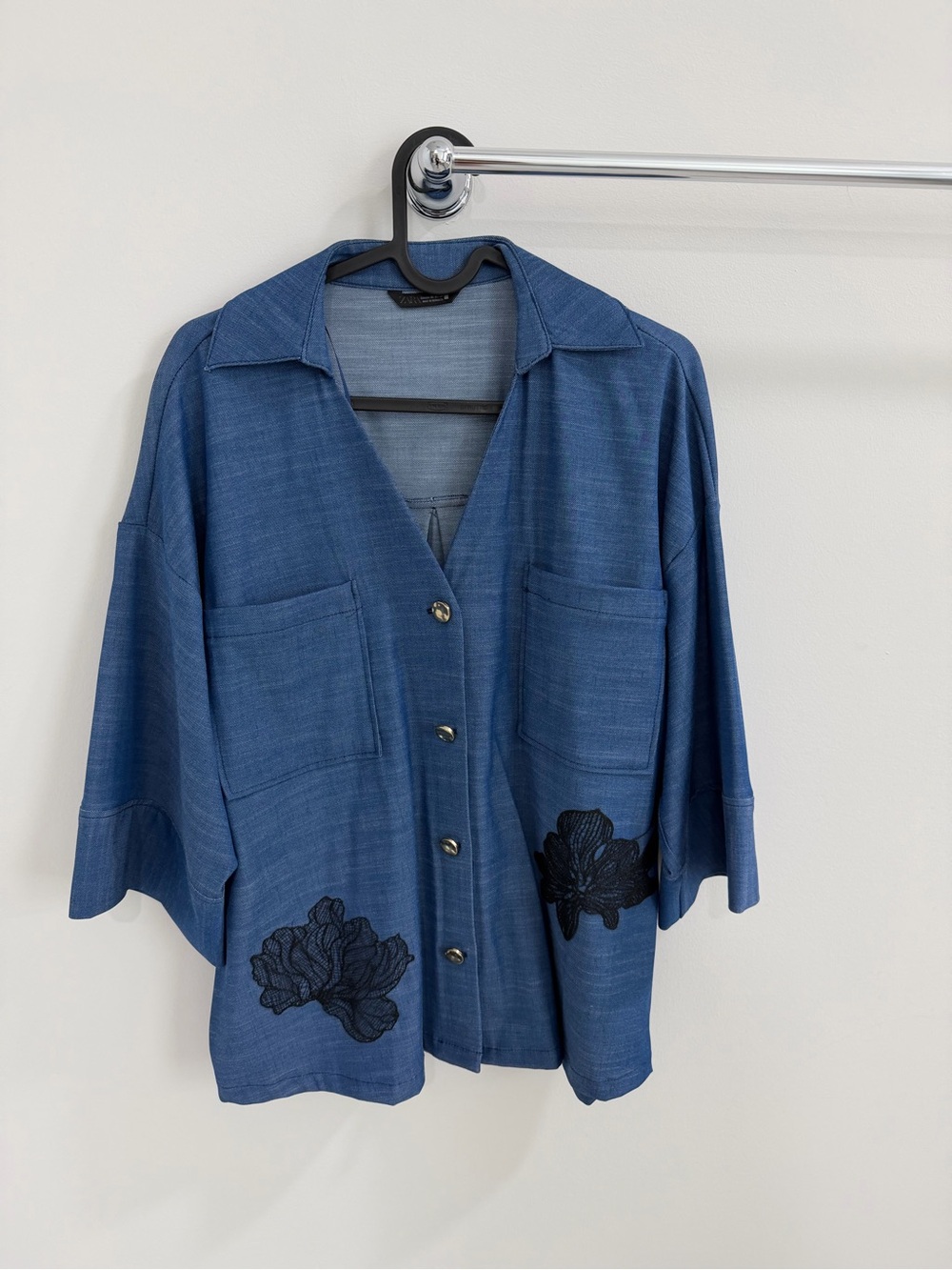 Zara Blue Button-Down Shirt with Black Floral Appliqué